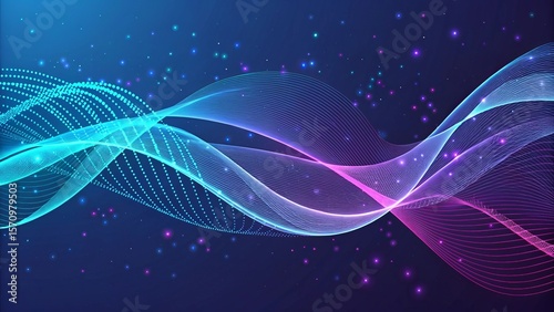 Abstract flowing light waves and particles on a dark blue background