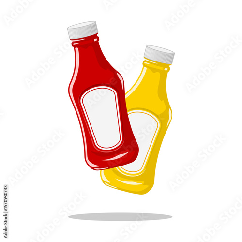 Color illustration of two bottles with sauces, red with ketchup and yellow with mustard, both with blank labels, without background