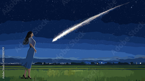 星空を見上げる女性の幻想的なベクターイラスト