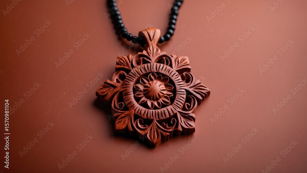 Fototapeta premium Highlighting carved wooden pendant dangling on black bead necklace in studio, showcasing texture