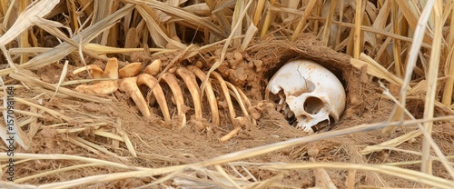 A human skull and rib bones lay in the dirt surrounded by dried grass and debris