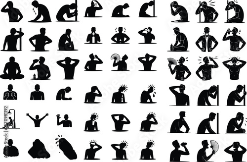 Overheated Man Silhouette Icons – Sun Exposure & Summer Heat Vectors Man Sweating Under Hot Sun Silhouette Icon Set – Heat and Summer Concept