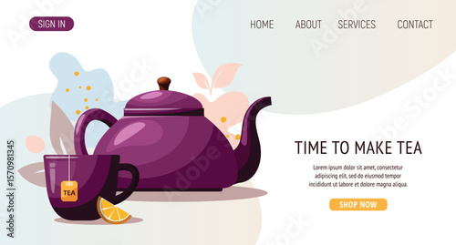 Purple ceramic teapot and a cup of herbal tea, lemon slices. Template for banner, poster, website.