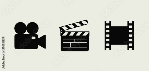 Vintage film camera clapperboard and film strip icons representing cinema and filmmaking