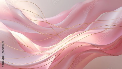 Elegant flowing pink fabric with delicate gold threads creating a luxurious abstract background