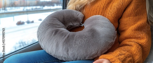 Traveler rests head on pillow. Comfort is on the go, traveling in winter