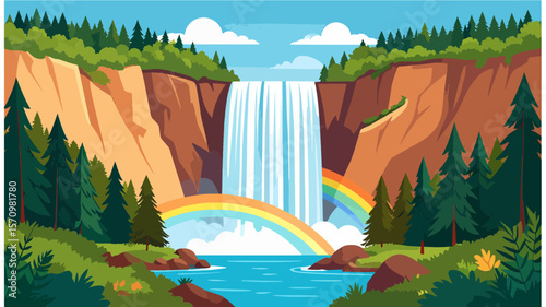 Serene cartoon landscape featuring a majestic waterfall cascading into a clear pool, framed by cliffs, lush trees, and a vibrant rainbow on a sunny day.