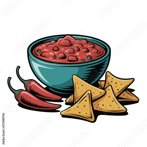 Delicious salsa and tortilla chips with fresh red chili peppers