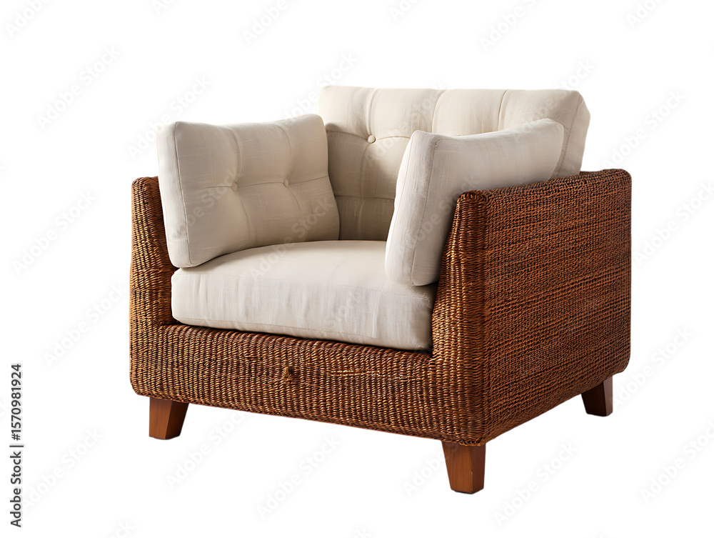 Fototapeta premium Elegant Wicker Armchair with Neutral Cushions, A Cozy and Stylish Seating Option for Modern Homes