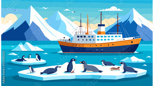 An adventure cruise ship sails through icy waters in Antarctica, surrounded by icebergs, penguins and seals, all against a backdrop of towering snow-capped mountains.