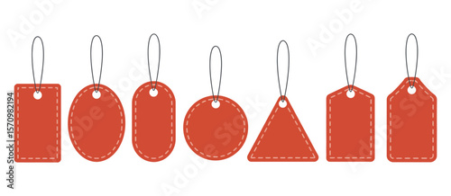Collection of various red sale tags with dashed stitching and hanging strings