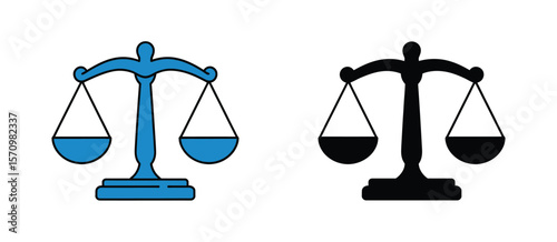 Simple graphic illustration of balance scales in blue and black on a white background
