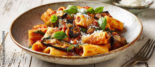 Pasta alla Norma with rigatoni, golden fried eggplant slices, rich tomato sauce, fresh basil leaves, and grated ricotta salata on top