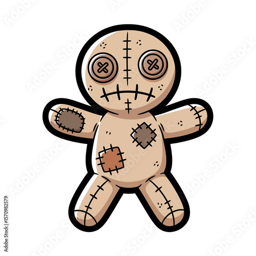 Voodoo doll stands isolated, conveying dark occultism, against a white background, ideal for Halloween themes and symbolic concepts.
