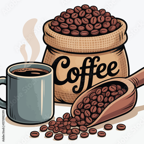 Hot steaming coffee cup with burlap sack full of beans and wooden scoop