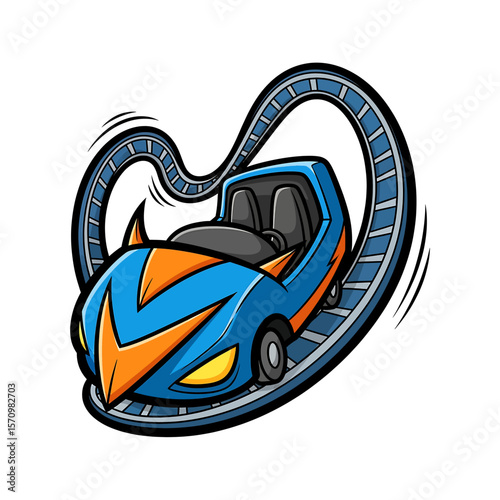 Cartoon Rollercoaster Car Rides on Tracks, conveying fun and excitement, isolated on white background, amusement park illustration.