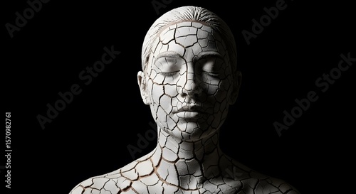 Dramatic Conceptual Image of Human Face with Severely Cracked Dry Skin on Black Background
