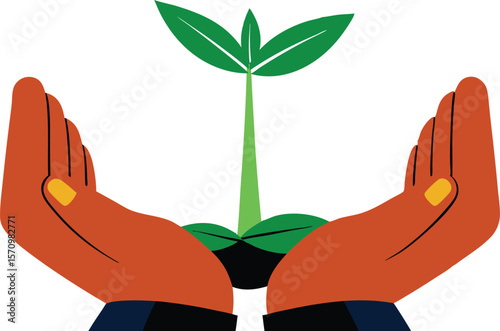 This collection of images depicts illustrations of hands gently holding small plants, symbolizing growth, care, or environmental theme