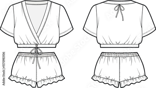 Women's Wrap Top and Ruffled Shorts Sleepwear Flat Sketch