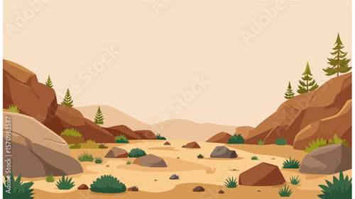 A stylized desert landscape with brown rocky hills, sparse green bushes, and coniferous trees under a light-colored sky creating a serene, natural backdrop.