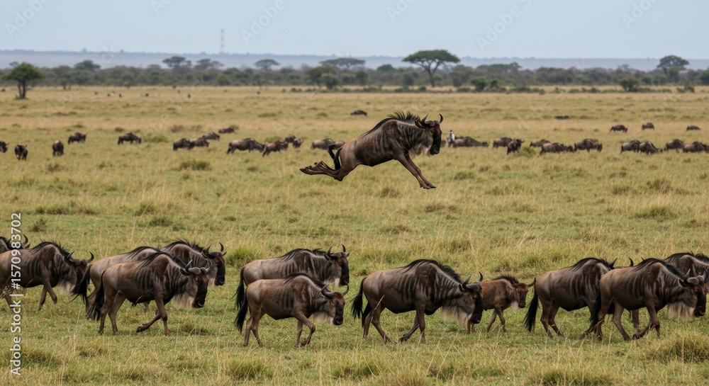 Massive herd of wildebeest migrating across the African savanna during the Great Migration. Iconic wildlife movement through the Serengeti and Maasai Mara ecosystems. Massive herd of wildebeest migrating across the African savanna during the Great Migration. Iconic wildlife movement through the Serengeti and Maasai Mara ecosystems.
