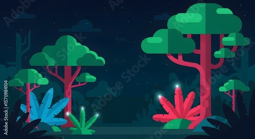 Vibrant Flat Design Jungle Night Scene With Glowing Tropical Plants And Stylized Trees