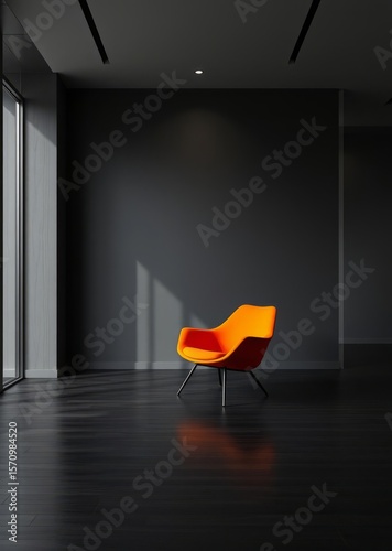 A sleek orange chair on a black wooden floor against a dark wall a minimalist room with dramatic lighting best interior design Empty room interior design architecture blank design room