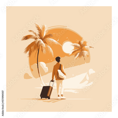 Person with Luggage Strolling on Beach with Palms and Sunset Background