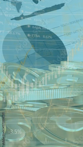 Animation of financial data processing over money on blue background