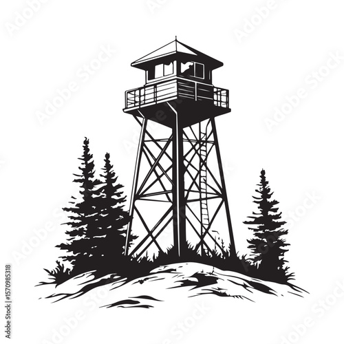 Fire Lookout Tower silhouette, Wooden Observation Tower with Stairs and Fence, Lookout tower silhouette,  
