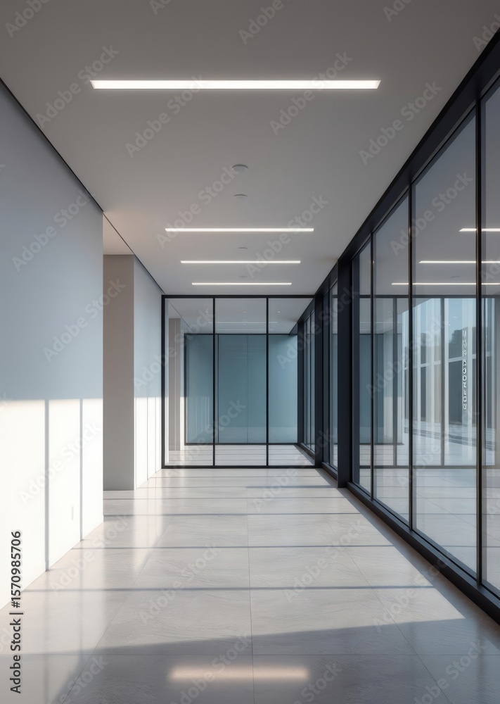 Fototapeta premium The interior design of a contemporary office corridor with a large glass window of a meeting room Empty room interior design architecture blank design room