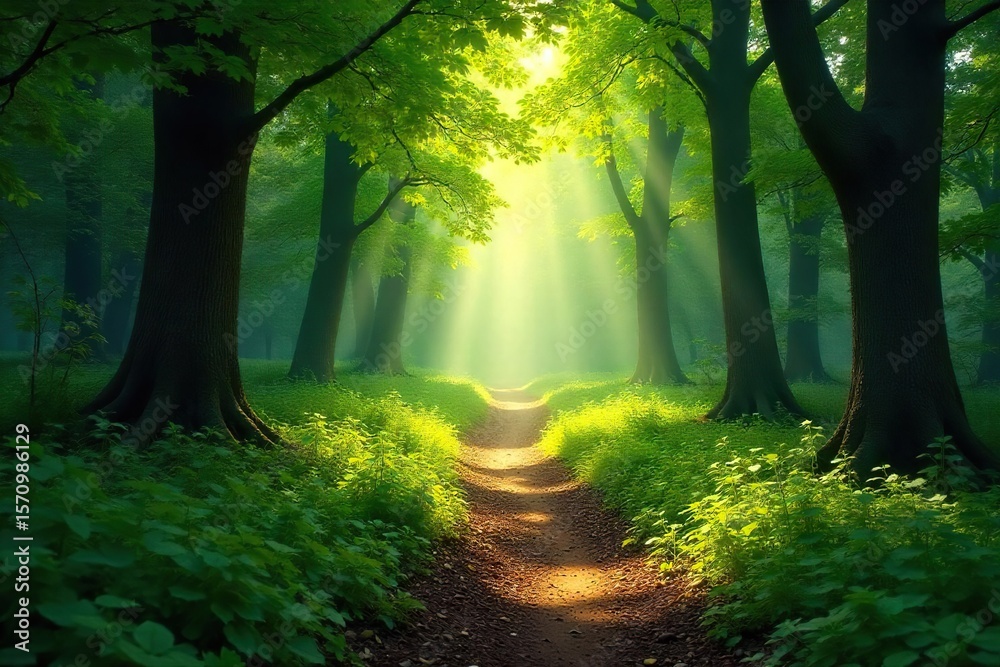 Obraz premium Magical Sunlit Forest Path Lush Woodland Trail Winding Through Dappled Sunlight, Perfect for Fantasy, Fairytale, and Nature Themes