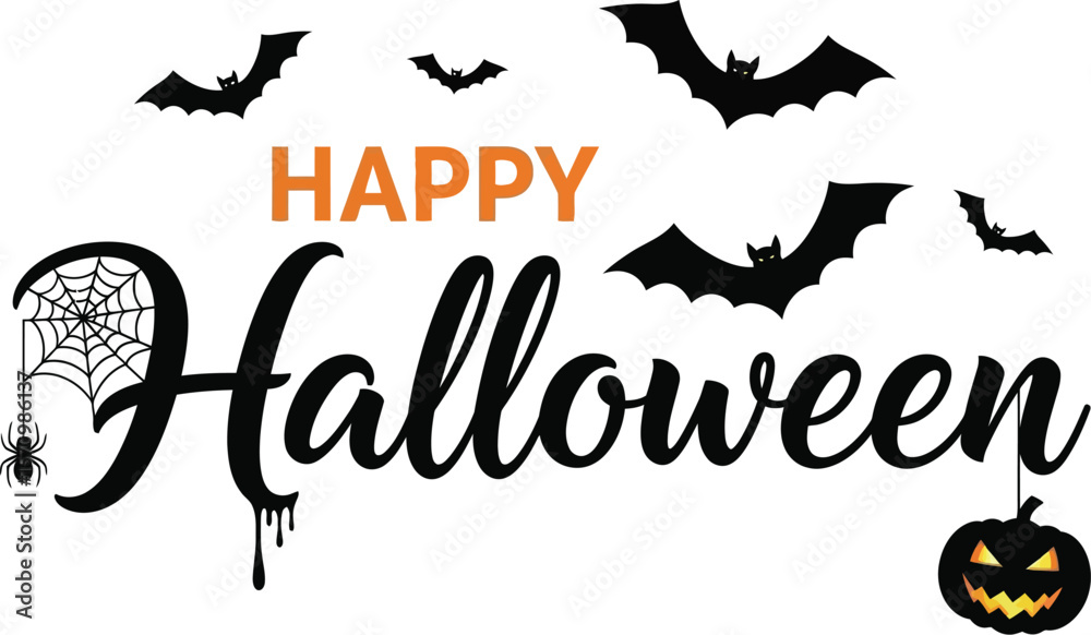 Fototapeta premium Happy halloween text with bats spider web and jack o lantern design