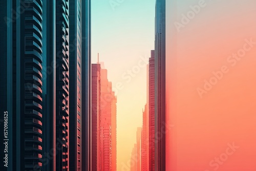 Numerous tall buildings at sunrise in vibrant urban setting