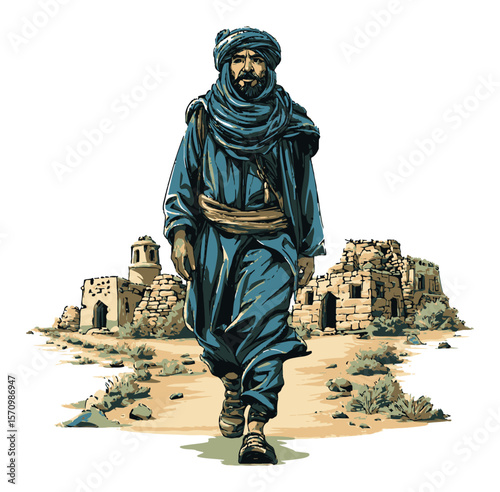 Traditional Nomad Walking in Desert Landscape with Ancient Ruins Background