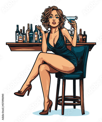Stylish Woman in Short Dress Sitting at Bar with Martini Glass in Hand