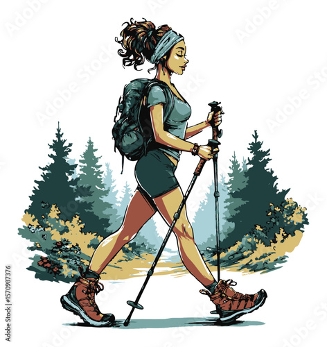 Stylish Woman Hiking with Trekking Poles in a Scenic Forest Setting
