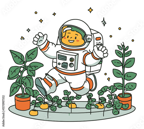 Happy Astronaut Exploring a Garden with Plants and Stars in Cute Vector Design