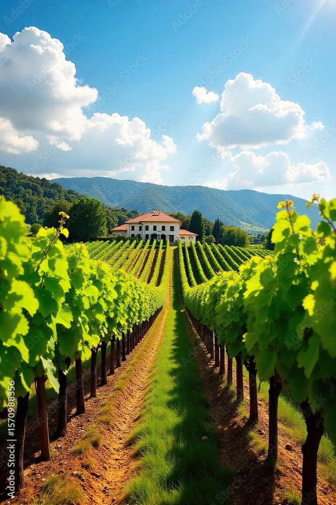 Obraz premium Sun-Drenched Vineyard Rows Leading to Charming Winery, Picturesque Wine Country Landscape