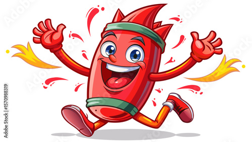 A playful red crayon dances in delight, its waxy body shining. With fun facial features and wavy hands, it adds color and joy to every creative classroom moment.