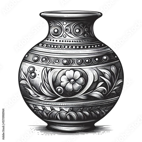 Ceramic vase,  Antique decorative vase, black and white sketch, floral patterns, vintage style, art piece