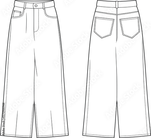Wide Leg Denim Pants CAD Template, Flat Fashion Vector Illustration, High Waist Trousers Design for Sewing Pattern, Technical Drawing