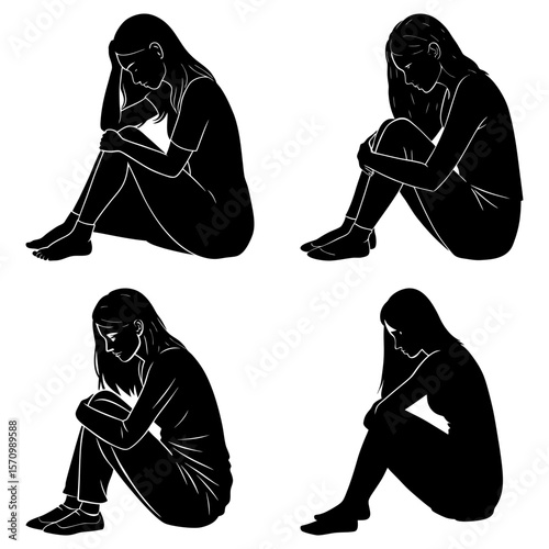 Four silhouettes of women sitting with knees drawn up to their chests in different poses and expressions