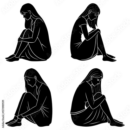 Four silhouettes of women sitting with knees pulled to chest in a black and white illustration