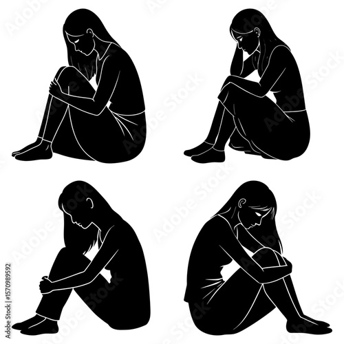 Four stylized black silhouettes of women sitting with their knees drawn up to their chests in distress