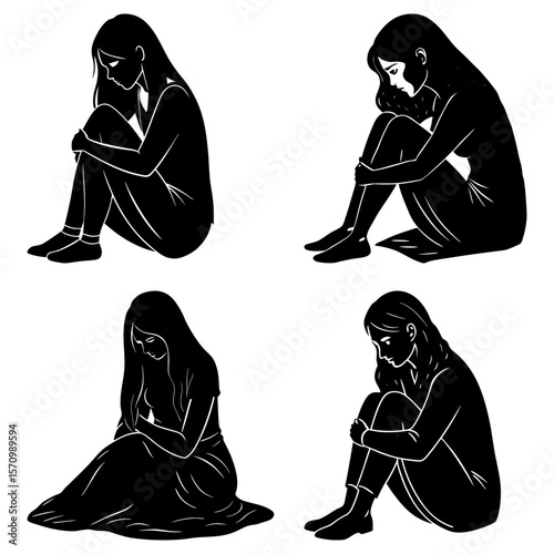 Four black silhouettes of women sitting with knees drawn up in a state of sadness and depression