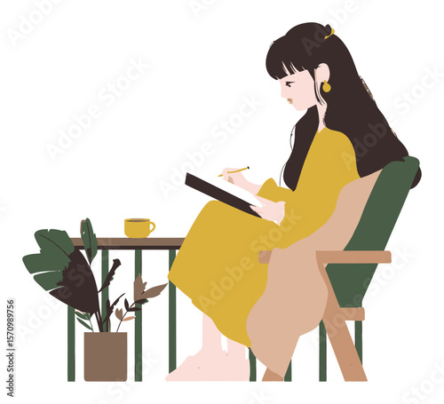 Cozy Illustration of Woman Sketching in Chair with Plants and Coffee