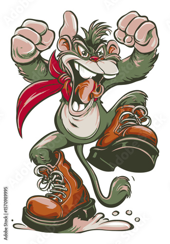 Cartoon Character with Green Fur and Red Bandana Wearing Big Brown Boots