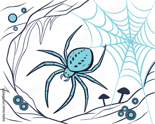 "Blue Spider on Web Vector Illustration Creepy Arachnid Drawing Halloween Insect Art Creepy Crawly Forest Scene with Mushrooms and Cobweb Graphic Design for Decoration"