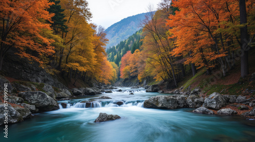 Bled Gorge in Autumn Slovenia — Fiery Treetops Cover the Gorge Walls Above a Sapphire Stream and Rocky Riverbed